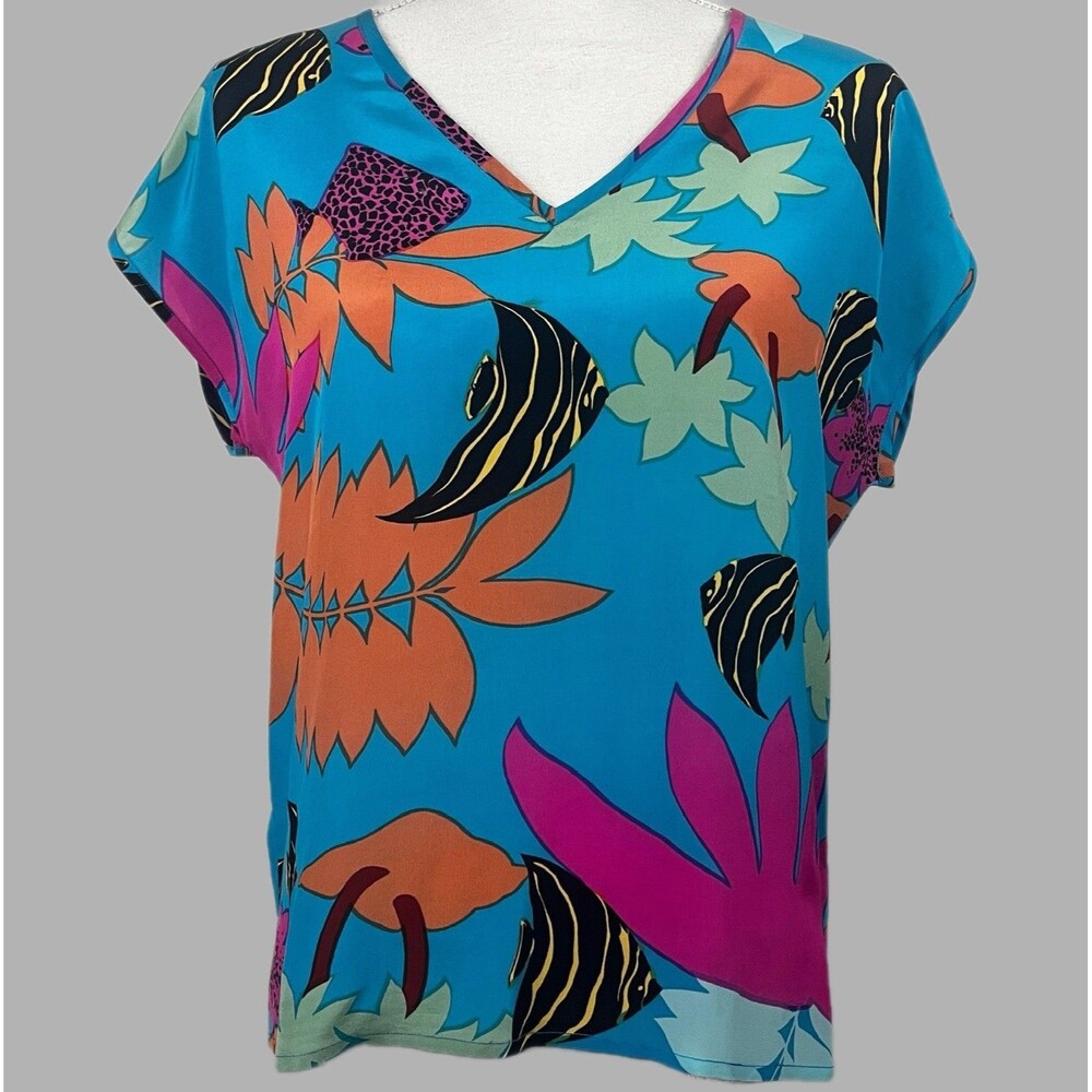 Jack Mulqueen VTG Women’s Tropical Silk V-Neck Blouse Size 8
